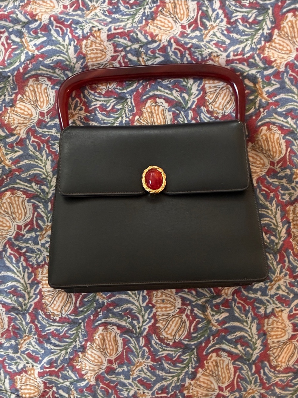 Vintage 1950s/60s PRESTIGE Black Leather Handbag with Rare Red Lucite Handle